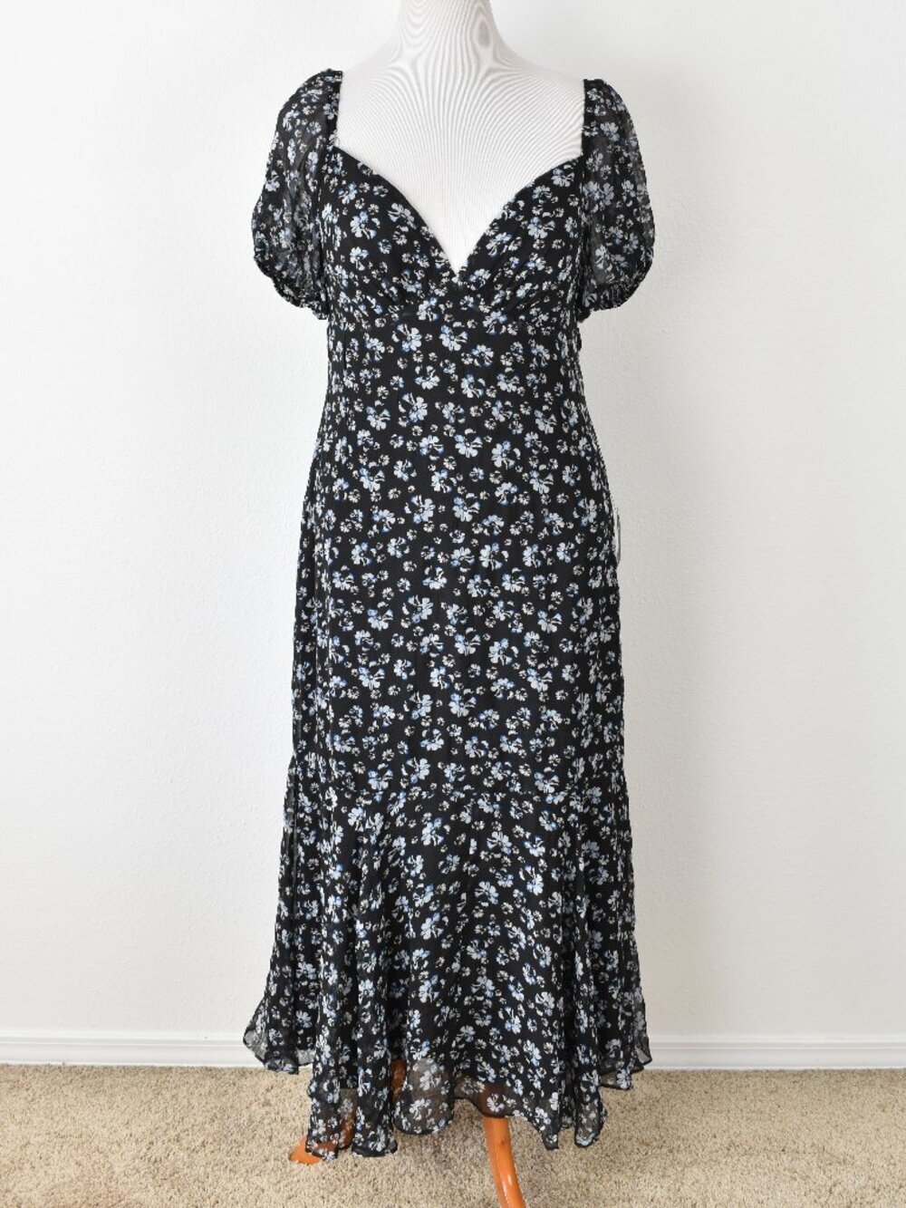 Lulu's Gorgeous Inspiration Black Floral Puff Sleeve Midi Dress NEW - XL - Picture 2 of 12